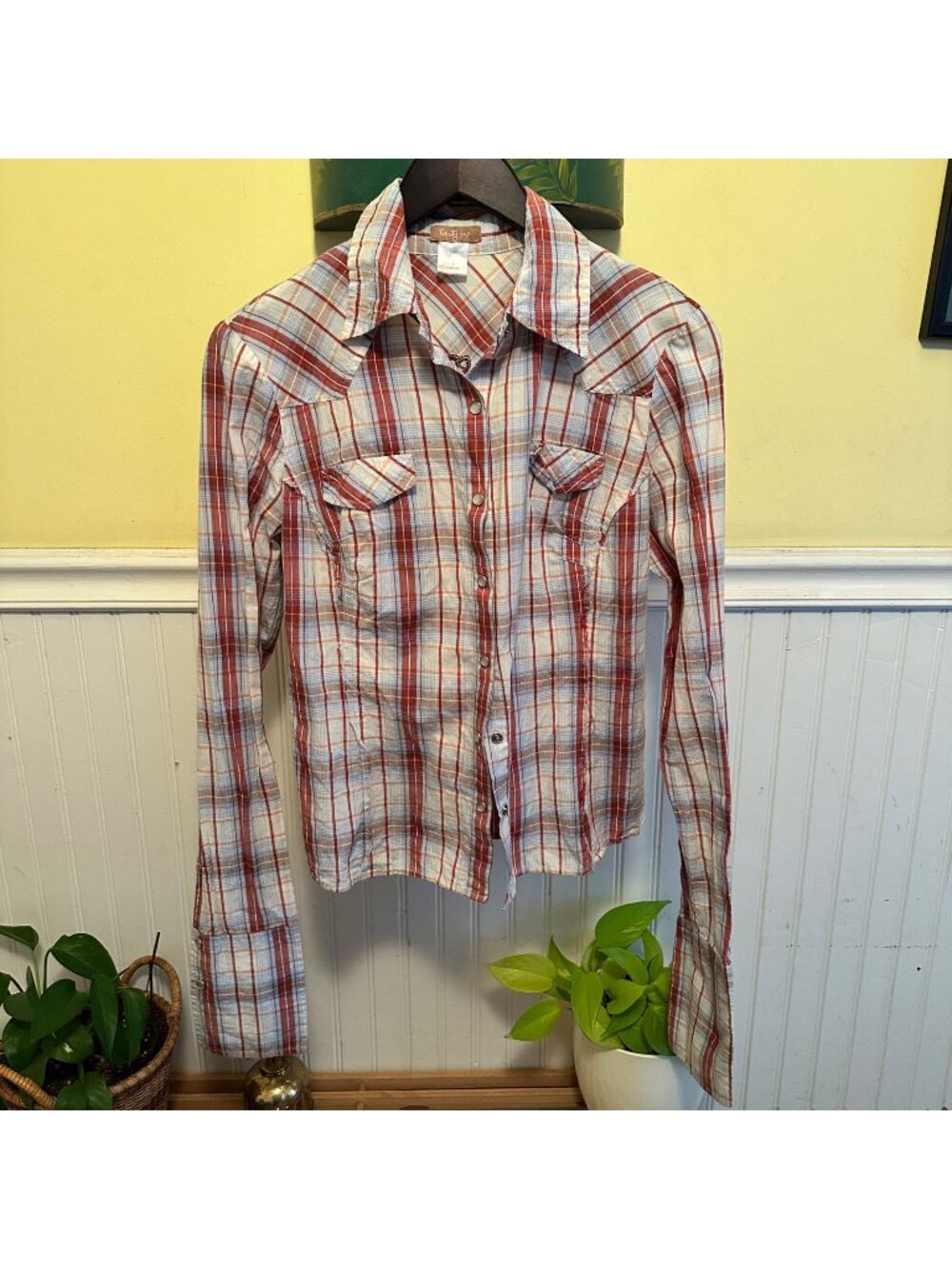 Vintage Forever 21 Y2K Women's Button Down Brown Plaid Western Pearl Buttons L